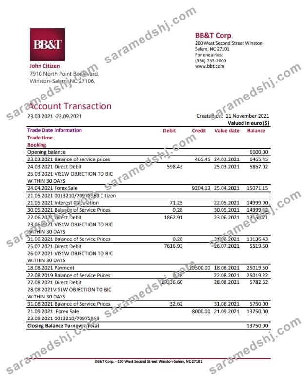 USA North Carolina BB&T Corp. bank statement template in Excel and PDF format